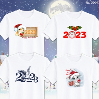 [S-5XL]ผ้าฝ้าย 100% [S-5XL]เสื้อยืด สกรีน Happy New Year ปีใหม่ 2023 No.0204