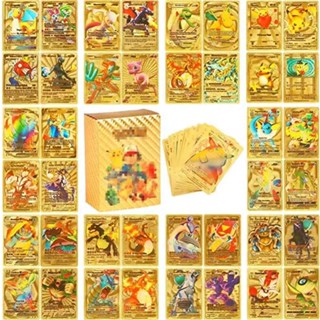 ของเล่นการ์ดเกมโปเกม่อน Charizard Pikachu โลหะ สีทอง 110 ชิ้น ต่อกล่อง