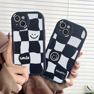 Casing For iPhone 15 14 13 12 Mini 11 Pro Xs max 6 6S 7 8 Plus X XR 11promax 12promax 13promax 6+ 7+ 8+ Cute ins Oval Airbag Shockproof Protection Soft Phone Case Black White Grid Smile Naughty Face Back Cover XPN 37