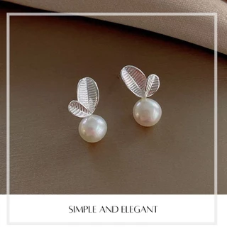 GLAMOR✨ต่างหูไข่มุกแท้ Pearl Leaf ต่างหูไข่มุก เม็ดใหญ่ ต่างหูเงินแท้ ต่างหูมุกเกาหลี ตุ้มหูมุก