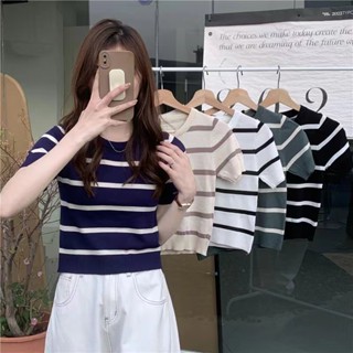 [DODO] พร้อมส่ง🖍 | เสื้อยืดไหมพรมคอกลม ลายขวาง พอดีตัว น่ารักเกาหลีสุดๆ💌(95020 )