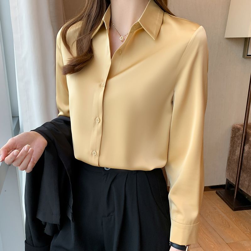 เสื้อเชิ้ตแขนยาว ผ้าซาติน สีพื้น แบบมืออาชีพ แฟชั่นฤดูใบไม้ผลิ สําหรับผู้หญิง