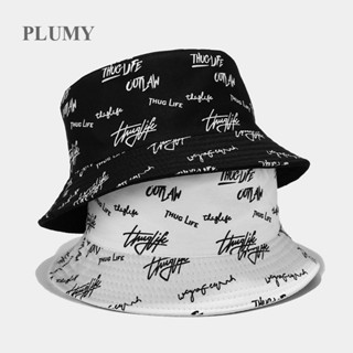 Plumy หมวกบักเก็ต พิมพ์ลายตัวอักษร สองด้าน สไตล์ฮิปฮอป แฟชั่นฤดูร้อน สําหรับผู้ชาย และผู้หญิง