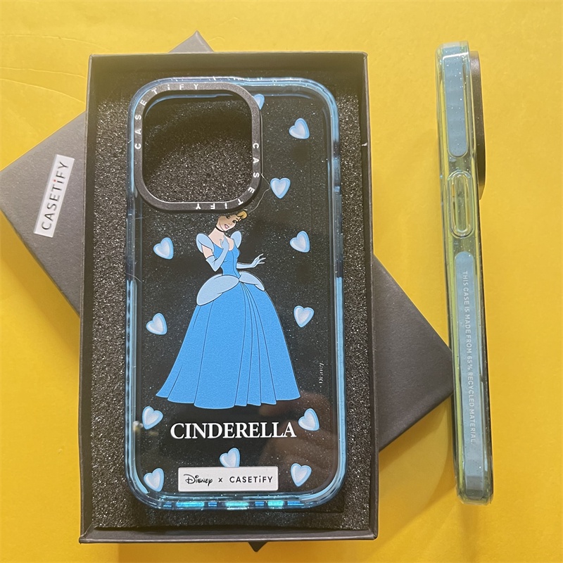 Casetify X Disney CINDERELLA เคสโทรศัพท์มือถืออะคริลิค TPU ใส แบบแข็ง ปิดด้านหลัง ลายกลิตเตอร์ สีฟ้า พร้อมกล่อง สําหรับ Apple IPhone 11 12 13 14 Pro Max