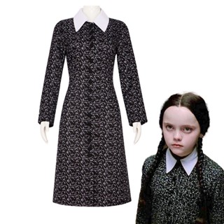 Wednesday Addams Cosplay Costume Wednesday Dress ชุดเดรสคอสเพลย์ พิมพ์ลายฮาโลวีน สไตล์โกธิค สีดํา สําหรับผู้หญิง