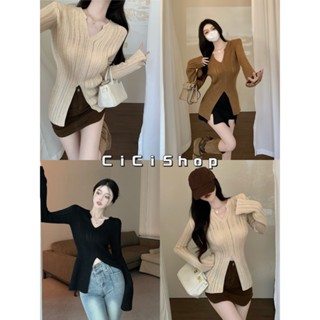 Cicishop(3276)เสื้อแขนยาวคอวี แต่งผ่ากลางสีเบสิคทรงสวยeveryday look