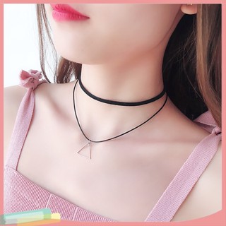 LK- Women Triangle Pendant Flower Lace Layered Wavy Velvet Vintage Choker Necklace