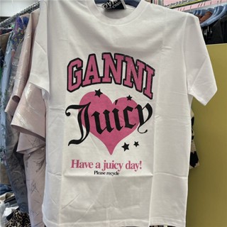 【พร้อมส่ง】Ganni เสื้อคอกลม แขนสั้น ผ้าฝ้าย พิมพ์ลาย ทรงหลวม ใส่สบาย อเนกประสงค์