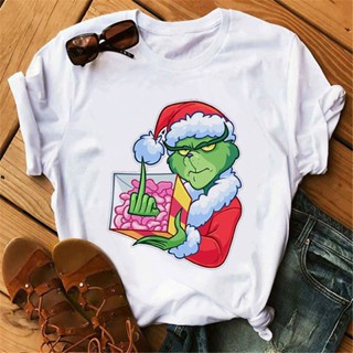 เสื้อยืด Christmas Vogue Grinch Funny Grinch T Shirt Women Cute Kawaii Short Sleeves Tshirt Female Harajuku  Tops