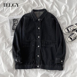 Ielgy เสื้อแจ็กเก็ตยีน ทรงหลวม มีกระเป๋าใหญ่ สไตล์ฮ่องกง สตรีท สําหรับผู้ชาย