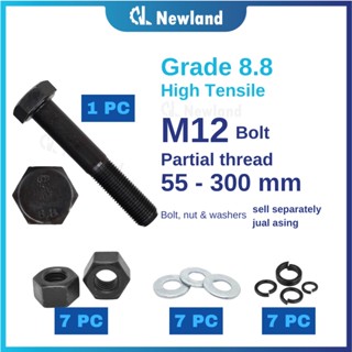 Newland น็อตสลักเกลียว และน็อต M12 เกรด 8.8 หกเหลี่ยม แบบครึ่งเกลียว น็อต สครู สกรู แหวนรองสปริง เครื่องซักผ้าแบน