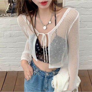 shop24📱สต็อกไทย เสื้อคลุมไหมพรม เชือกผูกหน้าอก 3 สี แขนยาวถักฉลุ