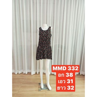 MMD 332  ชุดเดรสสั้นลายพิมพ์ดอกไม้ คอกลม แขนกุด เอวจั้ม กระโปร่งสั้น พร้อมส่ง