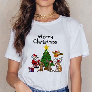 เสื้อยืด Merry Christmas T Shirt for Women/Men Cartoon Santa Claus Reindeer Tree Print T-Shirt Harajuku  Tops