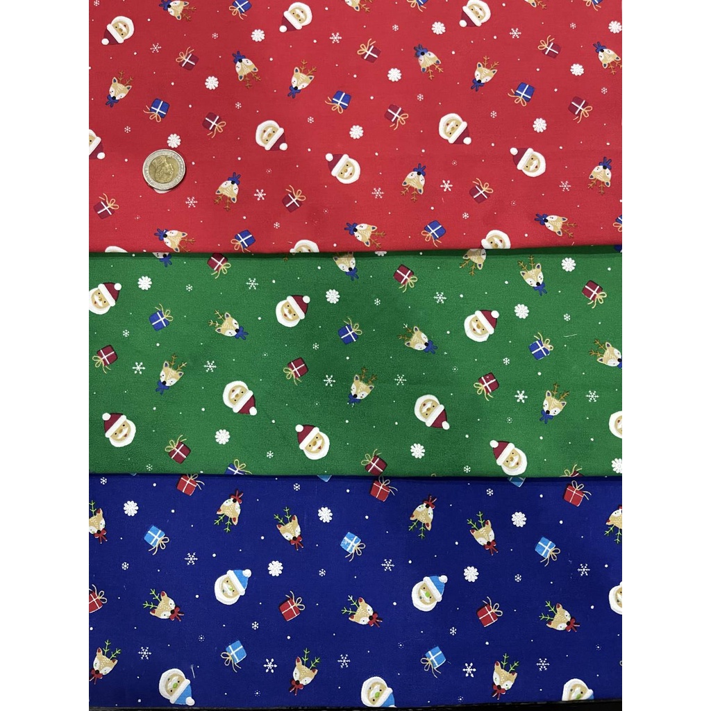 ผ้าCotton TC พิมพ์ลาย Christmas สีสวยสด TC เป็นผ้าคอตต้อนผสม หน้ากว้าง 44 นิ้ว ขายเป็นเมตร พิมพ์ลายคริสมาส ลายคมชัด สีสด