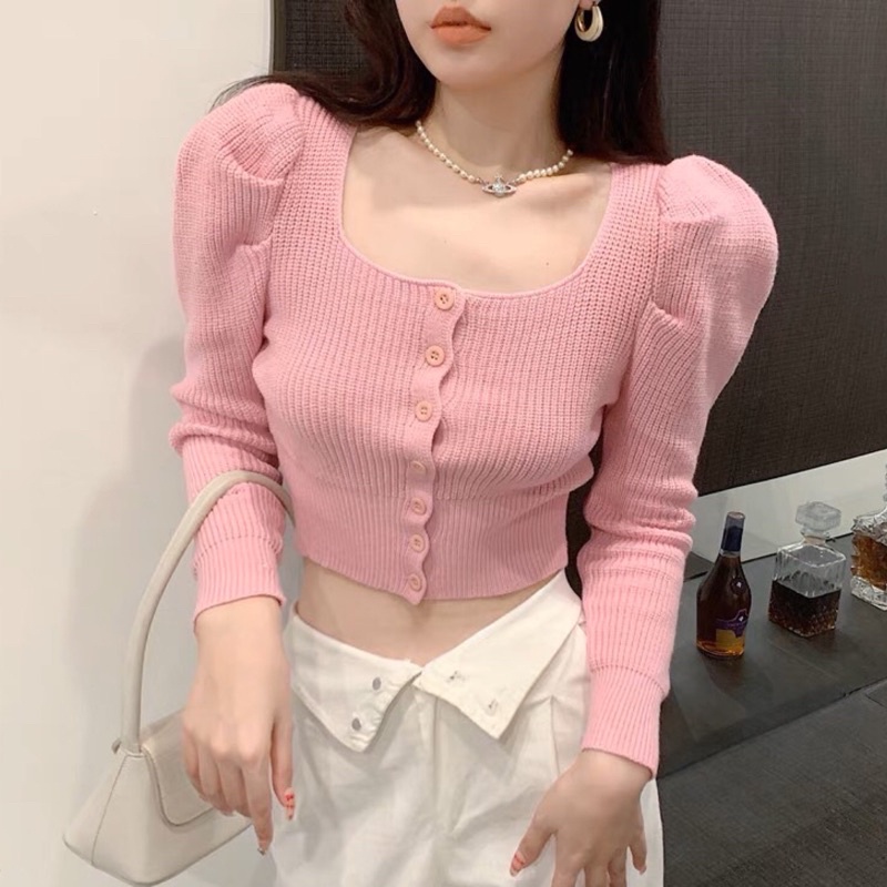 Lady_Sakura✨M518/BO#เสื้อแฟชั่นคอเหลี่ยมกระดุมหน้า 7 เม็ดแกะใช้งานได้จริง#เสื้อใหมพรมแขนยาวสไตล์เกาห