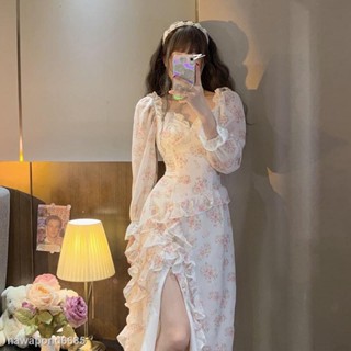 ✼▣Emily Fashion Shop เดรสคอเหลี่ยมปักลายดอกไม้สไตล์ฝรั่งเศสของผู้หญิงฤดูใบไม้ผลิใหม่นัวเนียเอวอ่อนโยนกระโปรง