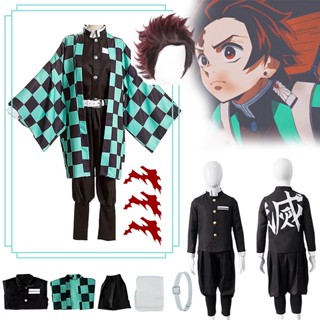 เสื้อคลุมกิโมโน คอสเพลย์ อนิเมะ Demon Slayers Kimetsu no Yaiba Tanjirou Kamado สีเขียว สําหรับปาร์ตี้ฮาโลวีน