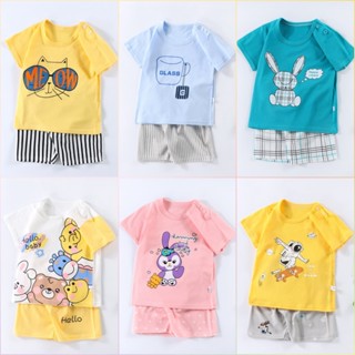 💮เสื้อลายการ์ตูนสื้อยืดคอกลม+กางเกงขาสั้น ชุดเด็กแขนสั้น เนื้อผ้าดี