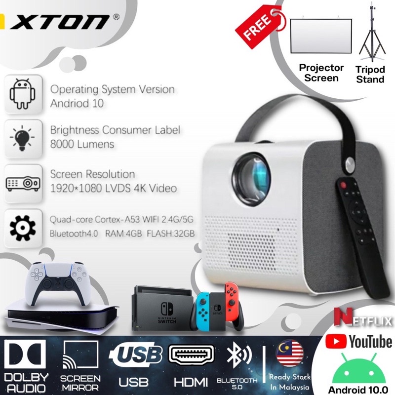 Mastersat Android Full HD 4K Projector 1080P Q3 โปรเจคเตอร์ 7500 Lumens Bluetooth เชื่อมต่อมือถือหรื