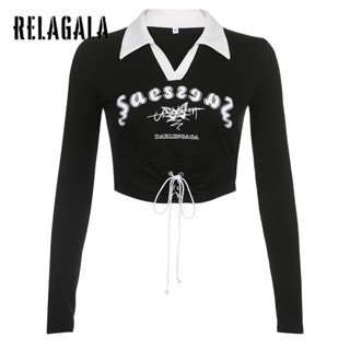 Relagala เสื้อยืดแขนยาว คอปก พิมพ์ลายตัวอักษร แบบรูกลวง แฟชั่นสําหรับสตรี