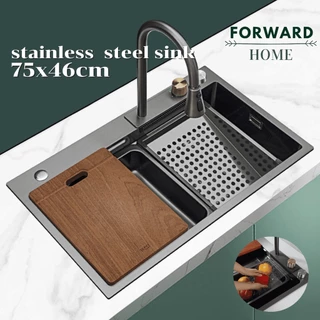 Forward ซิงค์ล้างจาน ซิงค์ล้างจานสแตนเลส อ่างล้างจาน สีดำ ขนาด75x46 อุปกรณ์ครบชุด black stainless steel sink รุ่น HM7546