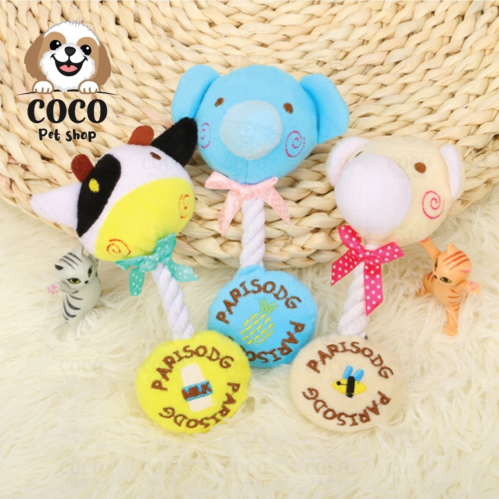 cocopet_shop ของเล่นตุ๊กตาผ้า ของเล่นสัตว์เลี้ยง ของเล่นหมา รูปการ์ตูนวัว กบ กระต่าย พร้อมเชือกมัด ตุ๊กตารูปสัตว์ต่างๆ