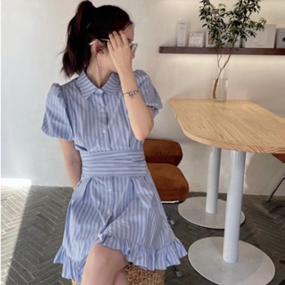 Striped Puff Sleeve Dress Ruffled Waist Slim Dress เชิ้ตเดรส