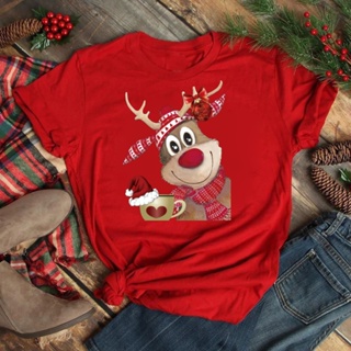 Cartoon Deer Red T Shirt Women Merry Christmas Tshirt Fashion Short Sleeve New Year Kawaii Tops Teeเสื้อยืดสวยๆ