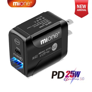 Mione อะแดปเตอร์ที่ชาร์จ Type C 25W 2 พอร์ต USB C PD ปลั๊ก US QC4.0 3.0 5V3A ชาร์จไว พกพาง่าย สําหรับเดินทาง