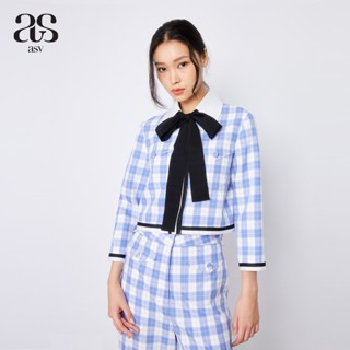 [asv aw22] Gelia plaid checked jacket เสื้อเชิ้ตผู้หญิง ตกแต่งกระเป๋าหน้า แขนยาว ตกแต่งโบว์ผูกคอ  ผ้าลายตาราง