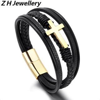 [Z H Jewelry] สร้อยข้อมือหนัง สเตนเลส สไตล์ฮิปฮอป ร็อค เรโทร เครื่องประดับแฟชั่น สําหรับผู้ชาย