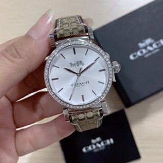 (ผ่อน0%) นาฬิกา Coach Madison Crystal Watch 14503549 หน้สปัดกลม ล้อมคริสตัล ขนาด 34 mm. สายหนัง ลายซีสีน้ำตาล