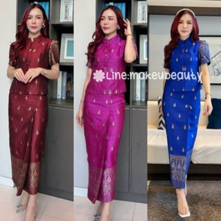 💙💙คอลเลคชั่นใหม่💙💙 🌈สินค้าพร้อมส่ง/**ชุดเซตสุดปัง ลายพุ่มทอง💯👉เสื้อคอจีนกระดุมหน้า สวยเรียบหรู