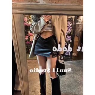 love flower Culottes ผ่าข้างกระโปรงหนังครอปวินเทจ กางเกงขาสั้น