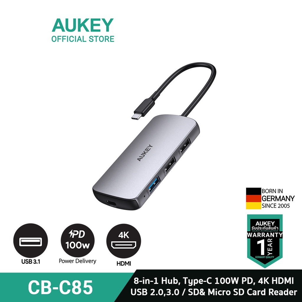 AUKEY CB-C85 USB C Hub ฮับ 8-in-1 with 4K HDMI, USB 2.0. USB 3.0, 100W PD Charging, SD&Micro SD Card