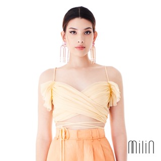 [MILIN] Monach Top Wave chiffon draped cross front top เสื้อสายเดี่ยวผ้าชีฟองเดรปไขว้หน้าแต่งระบายและสายผูกเอว