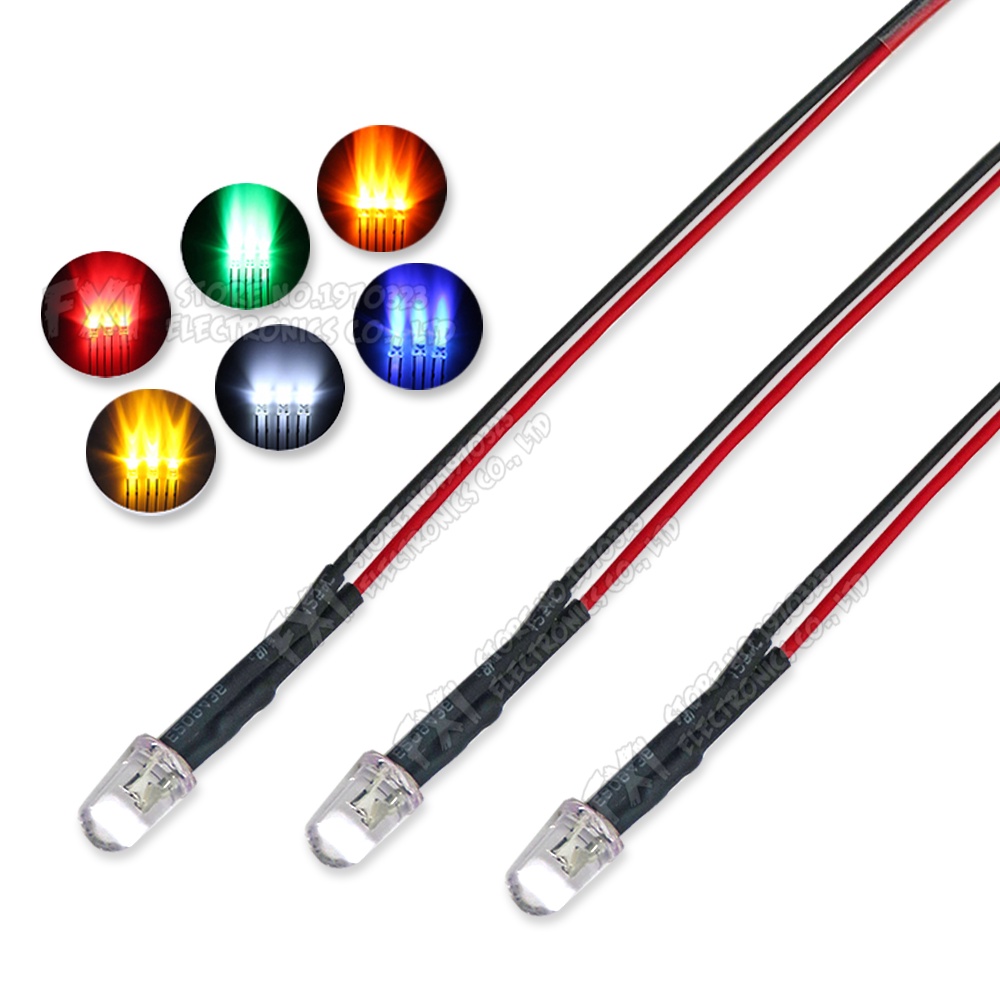 ไฟ LED Prewired Emitting 5 มม. DC 3V 6V 12V 24V โปร่งใส สีเหลือง สีฟ้า สีเขียว สีขาว สีแดง สีส้ม 10 ชิ้น