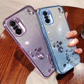 เคสโทรศัพท์มือถือ ซิลิโคนนิ่ม TPU ใส ปิดด้านหลัง ลายดอกกุหลาบ ประดับพลอยเทียม กลิตเตอร์ ระยิบระยับ แฟชั่น สําหรับ Redmi K40 Pro RedmiK40 5G