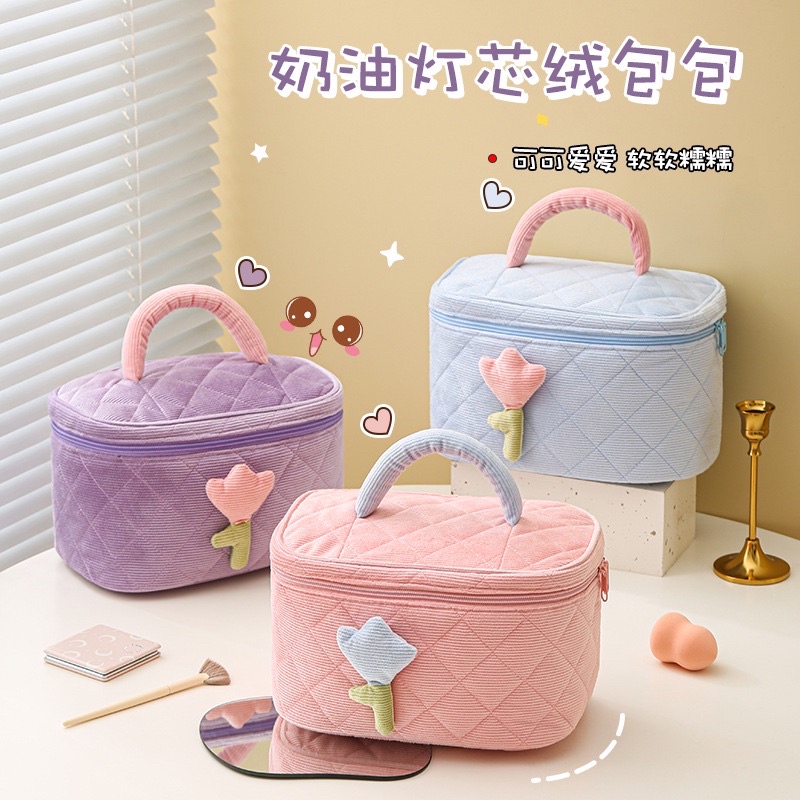 กระเป๋าใส่เครื่องสำอาง ลายการ์ตูนน่ารัก ความจุขนาดใหญ่ กระเป๋าถือลายดอกไม้ กระเป๋ามีหูหิ้ว