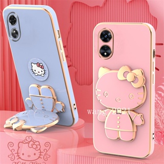 เคส OPPO Reno8 T 5G 4G Reno 8T 8 T 2023 Cute Cartoon Hello-Kitty Candy Plating Casing with Portable Make-up Mirror Phone Holder Magnetic Suction Function Soft Back Cover เคสโทรศัพท