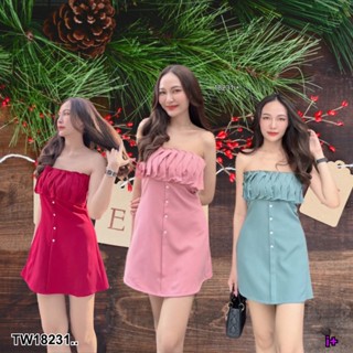 TwinsShopVip💗พร้อมส่ง TW18231 เดรสเกาะอก แต่งกระดุมหน้า ..