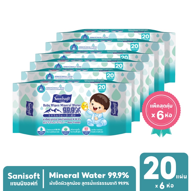 [แพ็ค X 6ห่อ] Sanisoft Mineral Water99.9% / ผ้าเช็ดผิว สูตรน้ำแร่ธรรมชาติ 99.9% บรรจุ20แผ่น/ห่อ