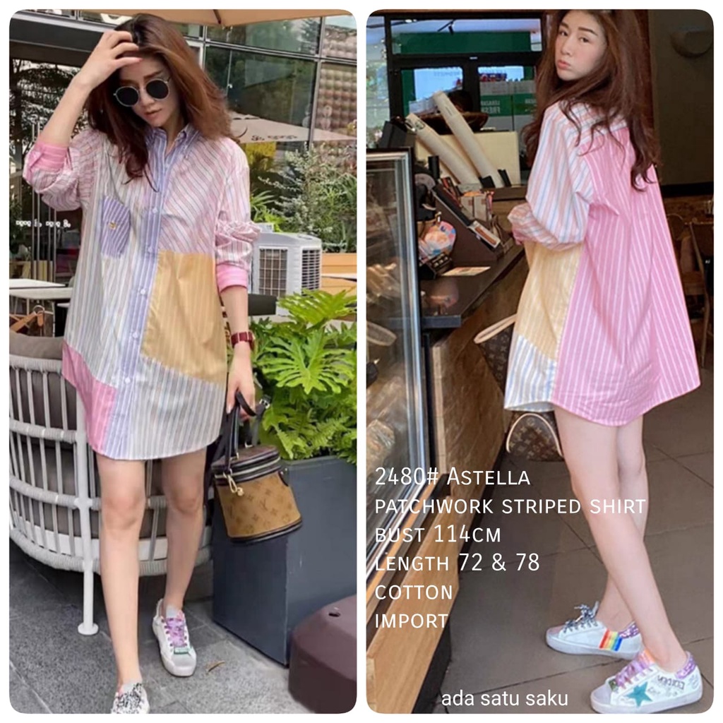 KEMEJA SHIRT 2480 3M THREE M TM ASTELLA PATCHWORK STRIPED SHIRT KOREA KOREAN FASHIONนําเข้า AFFORDAB