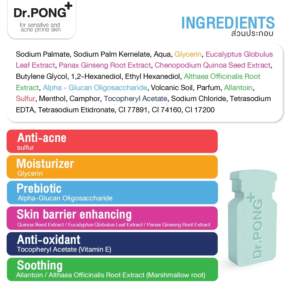 สบู่ลดสิวสูตรอ่อนโยน Dr. PONG Natural Volcanic Sulphur 3% Soap with BHA 2% ดอกเตอร์พงศ์ สำหรับคนเป็นสิว thumbnail 8