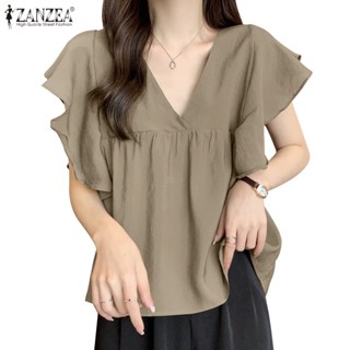 Zanzea เสื้อเบลาส์ลําลอง คอวี แต่งตุ๊กตา ใบบัว สีหวาน สําหรับผู้หญิง