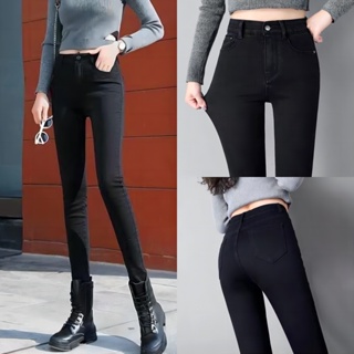 Fashion👖 [S-2XL] กางเกงยีนส์ผู้หญิง เอวสูง ทรงเดฟยืด สีดำ กางเกงใส่ทำงาน กางเกงผู้หญิง