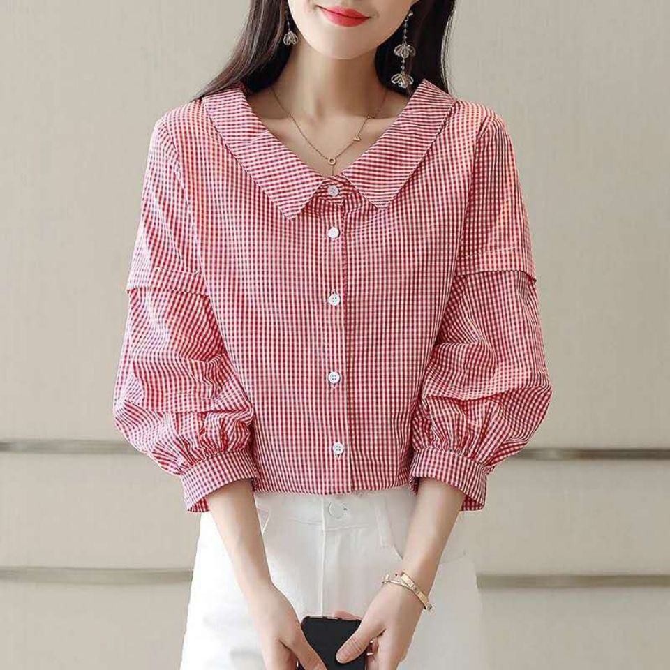 พร้อมส่ง แฟชั่นสไตล์เกาหลี สีแดง ลายสก๊อต เสื้อทรงหลวม คอตุ๊กตา เสื้อทำงานตัวสั้น น่ารัก มี 2 สี