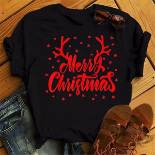 T-Merry Christmas Antlers Womens Fashion Tops Casual Womens O-Neck Womens Black Tops T-shirts Women T-shirts