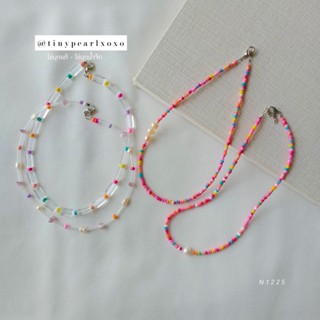 สร้อยลูกปัดสีชมพู Lovely Pink Bead ไข่มุกแท้ ไข่มุกน้ำจืด หินแตก ลูกปัดแท่ง Boho Necklace Tinypearlxoxo N1225